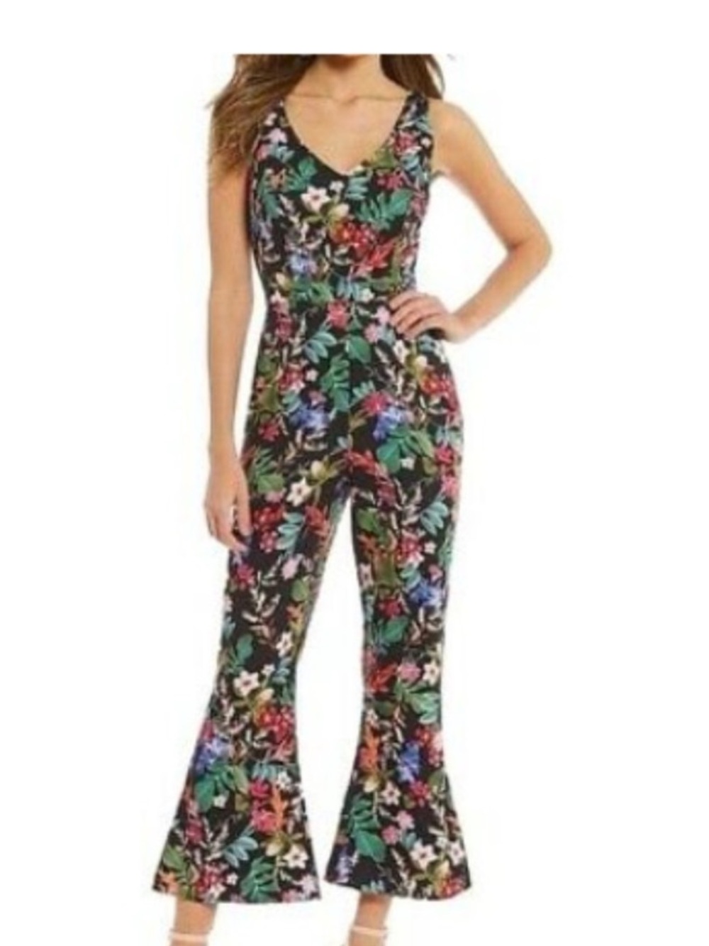 Floral V-Neck Sleeveless Jumpsuit in Black Flora